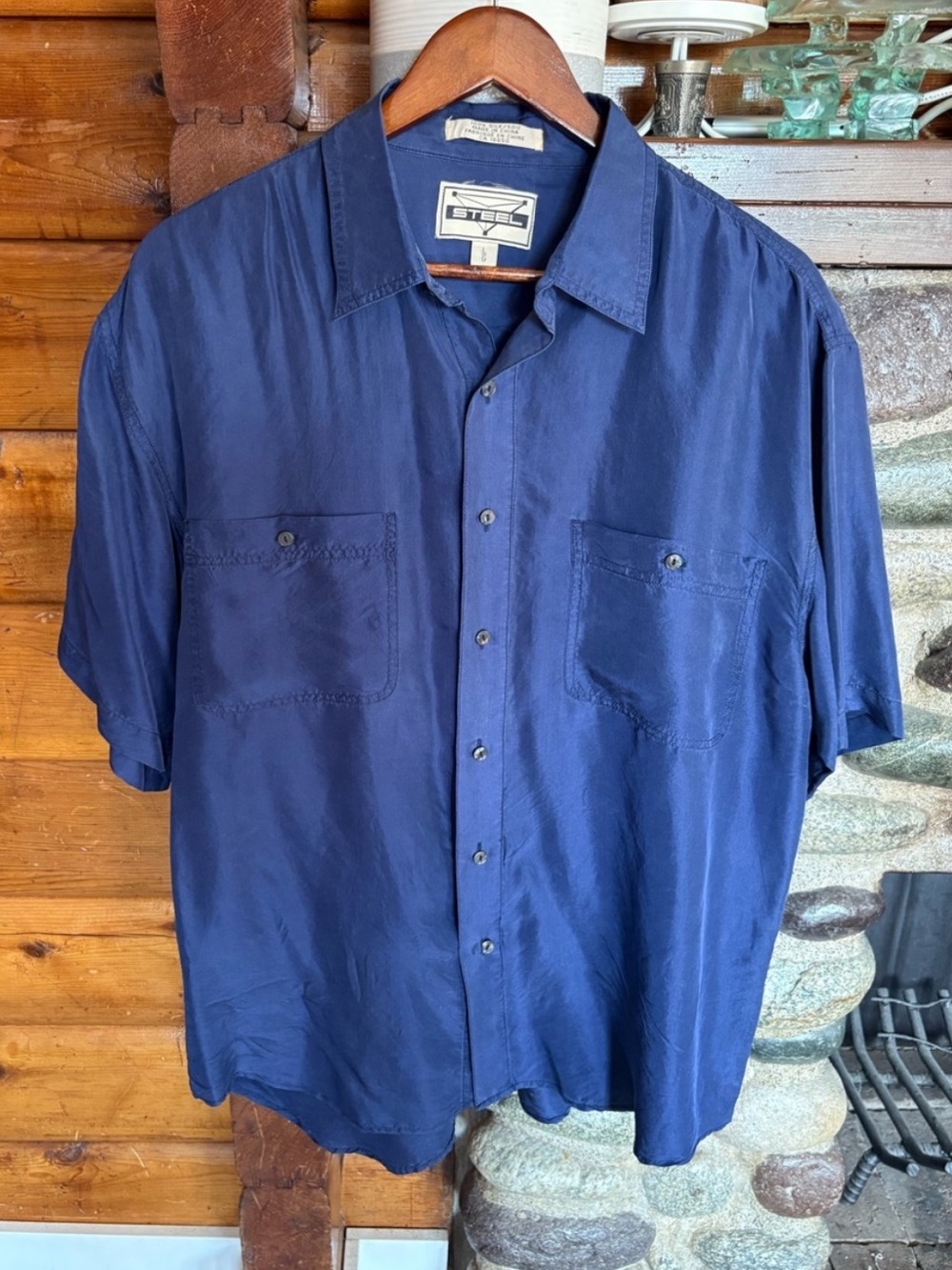 Vintage STEEL 100% Silk Navy Blue Short Sleeve Button Up Shirt L